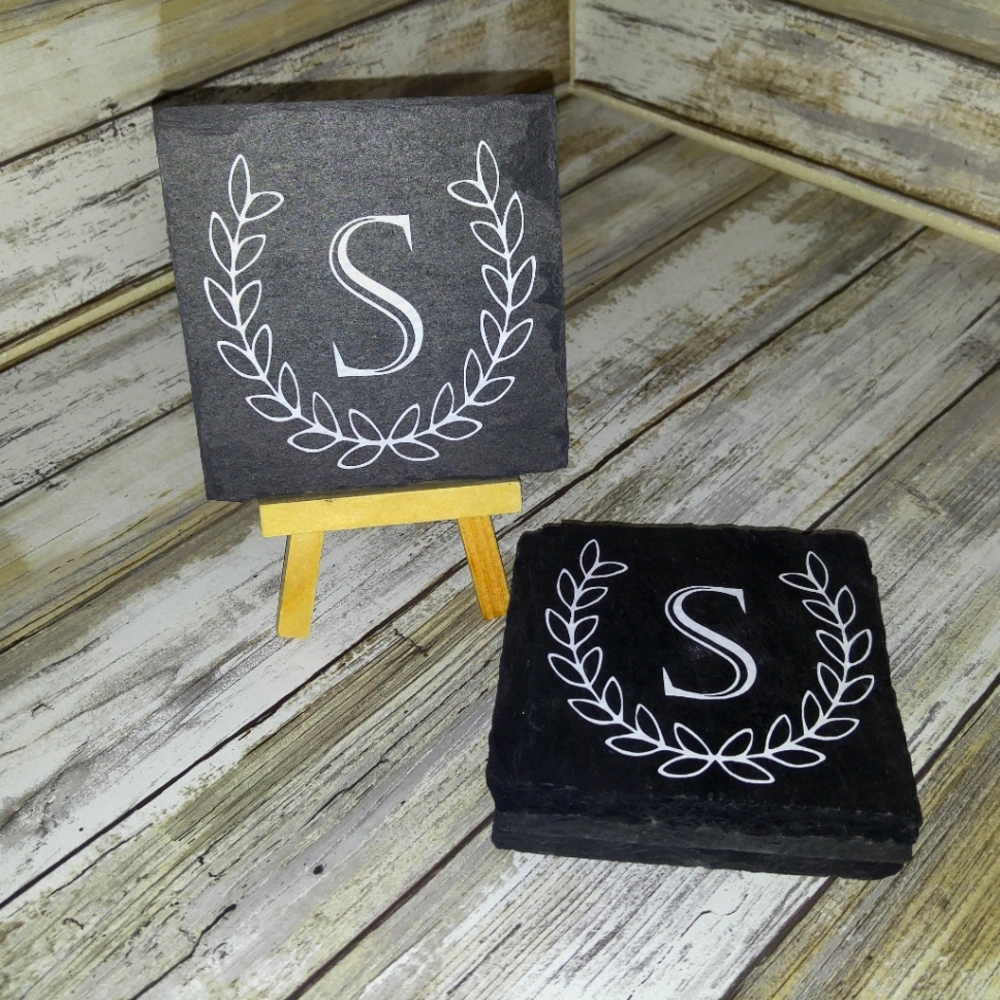 Monogrammed Black Coasters with White S Lettering Set of 4